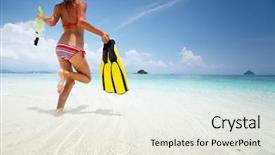  Presentation with lady - Slide deck consisting of running into tropical blue sea background and a sky blue colored foreground