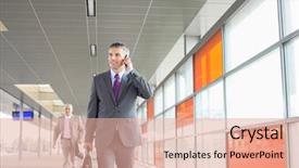  Presentation with aged - Audience pleasing theme consisting of running late - middle aged businessman on call backdrop and a  colored foreground
