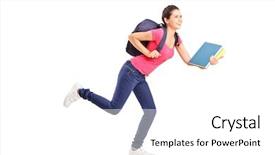 Presentation with worried female college student for health check up - Cool new PPT theme with running late - young female student rushing forwards backdrop and a white colored foreground