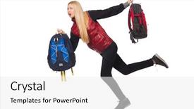  Presentation with backpack - Cool new PPT layouts with running late - young woman student with backpack backdrop and a white colored foreground