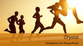  Presentation with sunset beach - Theme enhanced with running man - group of young people runs background and a gold colored foreground