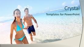  Presentation with footprints and sand beach - PPT theme featuring running on a sandy beach background and a sky blue colored foreground