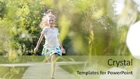  Presentation with smiling little girl - Presentation design having running on pier at lakeshore background and a yellow colored foreground