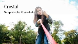  Presentation with dog park - Colorful slides enhanced with running prize - angry strict young woman showing backdrop and a white colored foreground