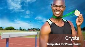  Presentation with gold medal - Colorful slides enhanced with running prize - athletic man posing with his backdrop and a tawny brown colored foreground