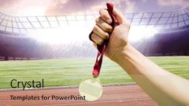  Presentation with gold medal - Slide deck having running prize - hand holding a gold medal background and a mint green colored foreground