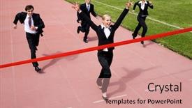  Presentation with image of car racing - Amazing presentation having running prize - image of joyful businesswoman winning backdrop and a coral colored foreground