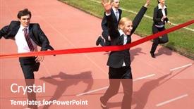  Presentation with finish line - Theme with running prize - photo of happy businesswoman crossing background and a coral colored foreground