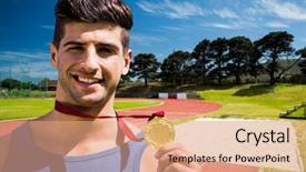  Presentation with medal - Audience pleasing theme consisting of running prize - portrait of happy sportsman is backdrop and a coral colored foreground