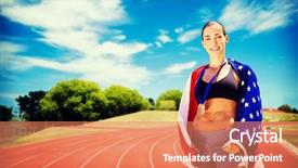  Presentation with athletics - Amazing slide deck having running prize - sporty woman posing and smiling backdrop and a coral colored foreground