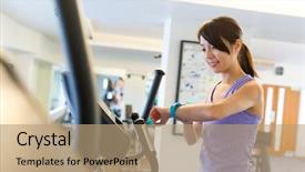  Presentation with cyber security training - Presentation design with running records - sport woman training on elliptical background and a coral colored foreground