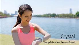  Presentation with woman sport - Amazing PPT layouts having running records - sport woman using smart watch backdrop and a  colored foreground