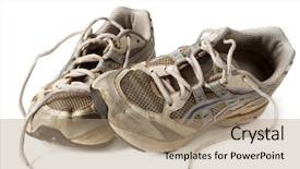  Presentation with better days - Beautiful PPT theme featuring running shoes - battered old sneakers isolated backdrop and a coral colored foreground