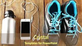  Presentation with running shoes - Slide deck having running shoes - sneakers and earphones on wooden background and a tawny brown colored foreground