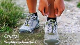  Presentation with running shoes - Audience pleasing PPT theme consisting of womans hand cut blue cheese on white background close-up backdrop and a cream colored foreground