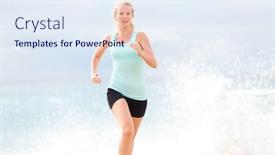  Presentation with marathon - Colorful slide set enhanced with running woman athlete jogging on beach female fitness runner girl jogger training outdoors by the ocean sea beautiful young blonde woman in her 20s training for marathon backdrop and a sky blue colored foreground