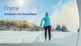  Presentation with snow day - Amazing slide deck having running woman runner on the snow in winter sunny day female fitness training outdoors backdrop and a light blue colored foreground