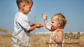 Presentation with two cute sisters playing - PPT theme with rural child - two children playing on natural background and a coral colored foreground