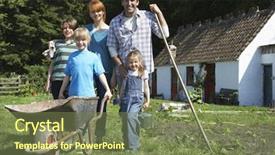  Presentation with full length portrait two men women brown sweater - Slide set featuring rural coopration - full length portrait of parents background and a  colored foreground