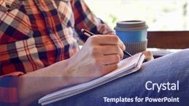  Presentation with writing pen - Cool new slides with rural education - closeup of a young caucasian backdrop and a ocean colored foreground