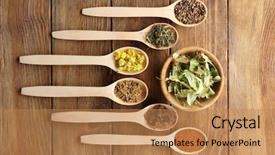  Presentation with healing - Theme consisting of rural healthcare - dried healing herbs and seeds background and a coral colored foreground