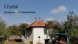  Presentation with old traditional romanian folk costumes - Presentation theme with rural house in village serbia background and a  colored foreground