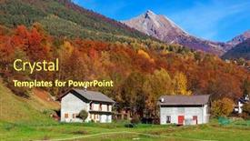  Presentation with green mountains - Presentation theme enhanced with rural houses on green lawn as colorful autumnal trees and mountains on background under blue sky in switzerland background and a tawny brown colored foreground