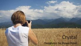  Presentation with harvest is ripe - Theme with rural journalist - happy traveler girl photographing ripe background and a  colored foreground