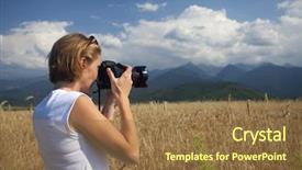  Presentation with harvest is ripe - Theme enhanced with rural journalist - traveler girl photographing ripe wheat background and a coral colored foreground