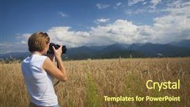  Presentation with wheat - Slide deck consisting of rural journalist - traveler girl photographing ripe wheat background and a  colored foreground