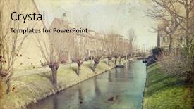  Presentation with clear sunny day rural landscape - PPT theme having rural landscape - vintage photo of canal in holland background and a soft green colored foreground