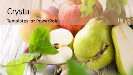  Presentation with old wooden table food - PPT theme consisting of rural marketing - vegetables on old wooden table background and a coral colored foreground