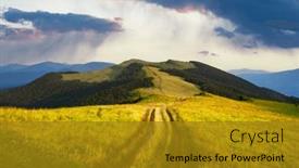  Presentation with green mountains - Presentation theme enhanced with rural-road-and-beautyful-raining background and a gold colored foreground