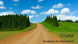  Presentation with pine trees - Theme featuring rural road and pine trees and green grass background and a gold colored foreground