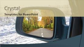  Presentation with road yellow - Slide deck having rural road in the autumn with yellow colored trees reflected in car mirror background and a lemonade colored foreground