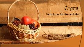  Presentation with rural - Cool new slide set with rural still life basket of grapes and apples and bast shoes on background of boards backdrop and a gold colored foreground