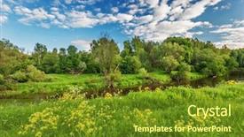  Presentation with blue green - PPT theme enhanced with rural tourism - green field with river background and a tawny brown colored foreground