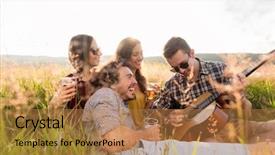  Presentation with guitar - PPT layouts featuring rural youth - friends sitting together in grass background and a coral colored foreground