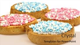  Presentation with sprinkles - Amazing PPT theme having rusks with white and blue and white and pink anise seed sprinkles served in holland when a baby boy or girl is born on a white background backdrop and a gold colored foreground