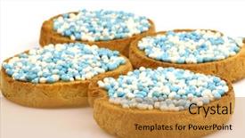  Presentation with sprinkles - Theme consisting of rusks with white and blue anise seed sprinkles served in holland when a baby boy is born on a white background background and a gold colored foreground