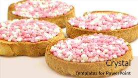 Presentation with pink white - Beautiful presentation theme featuring rusks with white and pink anise seed sprinkles served in holland when a baby girl is born on a white background backdrop and a yellow colored foreground