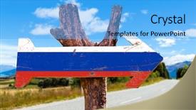  Presentation with russia flag - Cool new PPT theme with russia flag wooden sign with road background backdrop and a light blue colored foreground