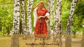  Presentation with russian forest - Beautiful presentation theme featuring russian-beauty-woman-full-body backdrop and a gold colored foreground
