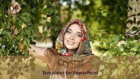  Presentation with russian - Presentation theme with russian beauty woman in the national patterned scarf background and a coral colored foreground