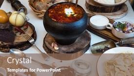  Presentation with meat food - PPT theme with russian food borsch pickles cheese meat dumplings and fat background and a violet colored foreground