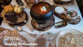  Presentation with meat food - Slide deck having russian food borsch pickles cheese meat dumplings and fat background and a violet colored foreground