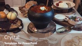  Presentation with meat food - Presentation design enhanced with russian food borsch pickles cheese meat dumplings and fat background and a violet colored foreground