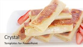  Presentation with pancake - PPT layouts featuring russian food - heap of sweet pancake filled with cottage cheese with strawberry served on white plate isolated over white background and a lemonade colored foreground