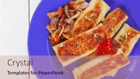  Presentation with blue food - Beautiful slide deck featuring russian food - meat wrapped in a pancake with red hot pepper and pickled mushrooms served on blue plate over wooden table in restaurant backdrop and a coral colored foreground