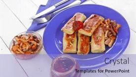  Presentation with blue food - Slide deck enhanced with russian food - meat wrapped in a pancake with red hot pepper and pickled mushrooms served on blue plate over wooden table in restaurant background and a light blue colored foreground